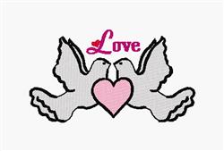 Cute doves in playful style facing each other with a pink heart and 'Love' text above, perfect for Valentine's Day.