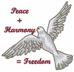 Realistic dove in flight with spread wings, rich red text 'Peace + Harmony' above and '= Freedom' below.