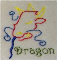 Whimsical dragon head with vibrant red, blue, and yellow threads, featuring flowing lines and a serene expression.