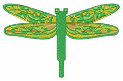 Colorful dragonfly with green wings showcasing yellow intricate patterns in detailed embroidery.