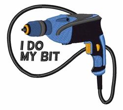 Playful cartoon drill in blue with a black cord, text 'I DO MY BIT' below, perfect for humorous designs.