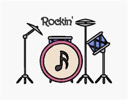 Colorful drum set with a bass drum featuring a musical note, matching cymbals, and a microphone, perfect for music events.
