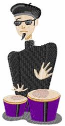 Cartoonish drummer in black outfit and sunglasses energetically playing purple bongos, lively and vibrant design.