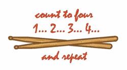 Playful embroidery of crossed drumsticks with vibrant red text 'count to four 1... 2... 3... 4... and repeat.'