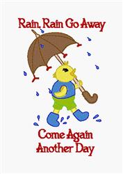 Playful cartoon duck with a brown umbrella and blue boots, surrounded by raindrops, perfect for spring themed items.
