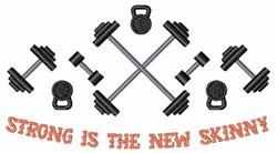 Dumbbells and kettlebells arranged symmetrically with bold text 'STRONG IS THE NEW SKINNY' in orange.