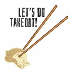 Dumpling held with chopsticks, featuring playful text 'LET'S DO TAKEOUT!' in warm colors for a casual dining vibe.