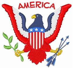 Detailed eagle in red, white, and blue, clutching arrows and an olive branch for patriotic decor.
