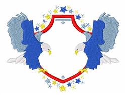 Colorful design with two blue eagles facing a red shield, surrounded by vibrant yellow stars, perfect for patriotic themes.