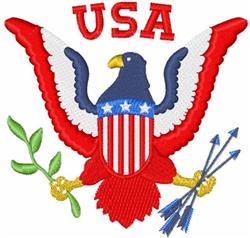 Applique eagle with USA emblem, vibrant red, white, and blue colors, gripping olive branch and arrows for Independence Day.