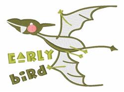 Playful pterosaur soaring with wide wings, green with pink accents, featuring bold 'EARLY bird' text in vibrant colors.