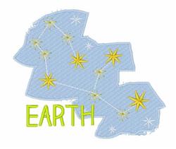 Playful Earth depiction with bright yellow stars on a light blue background and vibrant green text.