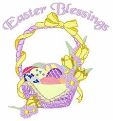 Colorful basket filled with vibrant Easter eggs and cheerful tulips, decorated with a festive ribbon.