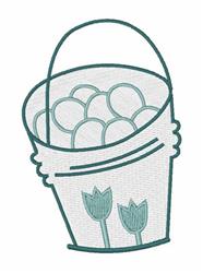 Easter bucket with decorative eggs and tulip flowers, outlined in soft teal, whimsical and cheerful