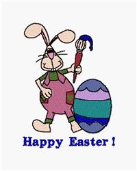 Playful Easter Bunny with a paintbrush beside a pastel-colored egg, cheerful design, perfect for kids' projects.