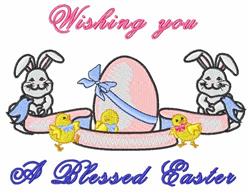 Easter hat in pastel colors with a bunny, chicks, and decorated egg, perfect for festive spring celebrations.