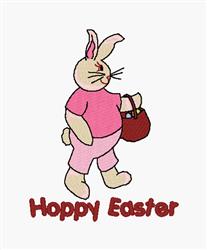 Playful Easter bunny in a pink outfit with large ears, carrying a red basket, featuring 'Hoppy Easter' text.