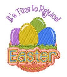 Colorful Easter eggs in pastel shades with a cheerful phrase above and 'Easter' below in a festive decor style.