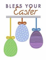 Decorative Easter eggs in vibrant green, blue, and purple, with bows, featuring 'Bless Your Easter' text.