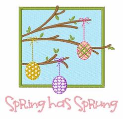 Playful decorative spring-themed design featuring colorful Easter eggs hanging from a branch with leaves. 'Spring has Sprung'