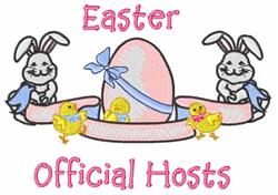 Playful pink Easter egg with blue ribbon, surrounded by bunnies and yellow chicks, perfect for festive celebrations.