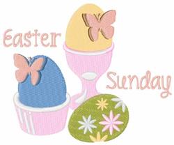 Decorative Easter eggs in playful colors, featuring floral designs, butterflies, and 'Easter Sunday' text.