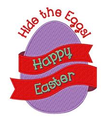Colorful Easter egg with a bold red ribbon, featuring 'Hide the Eggs!' text above and 'Happy Easter' on the ribbon.