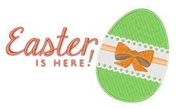 Playful Easter egg design featuring a vibrant green egg, white ribbon, and orange bow. Perfect for festive decor.