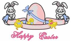 Cartoonish Easter egg design featuring a pink egg with blue ribbon, flanked by bunnies and chicks, perfect for festive decor.
