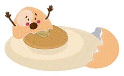 Cute cartoon egg character with arms raised joyfully, partially cracked, on a light plate. Ideal for Easter decor.