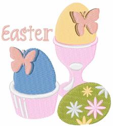 Colorful Easter eggs nestled in playful cup holders, featuring pastel colors, butterflies, and floral patterns.