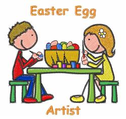 Two children decorate colorful Easter eggs at a green table, with a basket of painted eggs and art supplies.