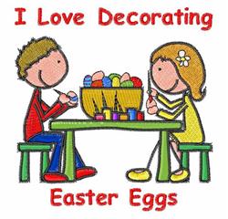 A boy and girl joyfully decorating Easter eggs at a colorful green table with vibrant paint supplies.