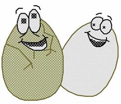 Cross stitch design of playful cartoon eggs with smiling faces, colorful, perfect for Easter.