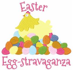 Playful yellow chicken atop vibrant pastel Easter eggs with whimsical 'Easter Egg-stravaganza' text.