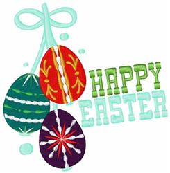 Three colorful Easter eggs with unique patterns and 'HAPPY EASTER' text above, accented by a light blue bow.