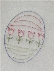 Colorful Easter egg with pink tulips and curved lines, featuring cheerful embroidery, perfect for spring decor.