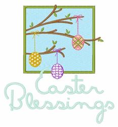 Playful branch with colorful Easter eggs and 'Easter Blessings' text in mint green on light blue background.