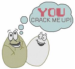 Cross stitch design featuring two cartoon eggs with playful faces and a speech bubble saying 'YOU CRACK ME UP!' for Easter.
