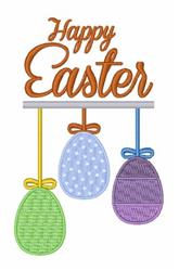 Playful Easter eggs in pastel colors with polka dots and textures, featuring 'Happy Easter' text above. Ideal for festive dec