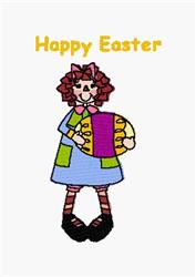 Cheerful girl with curly red hair in a blue dress and green apron, holding a colorful Easter egg, celebrating Easter.