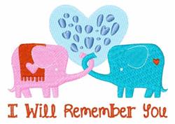 Playful, applique pink and blue elephants touching trunks under a large heart with water droplets.