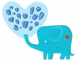 Playful turquoise elephant blowing a large blue heart with red accents, suitable for children's decor.