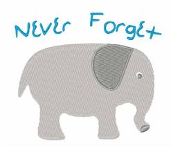Playful gray elephant in profile with textured ear, embroidered 'Never Forget' in blue above. Cheerful design.