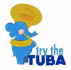 Playful elephant with a tuba and yellow hat, featured in cartoon style, perfect for kids' decor.