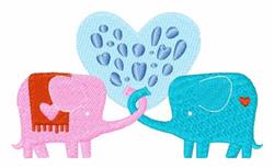 Playful Applique design of two elephants, one pink and one blue, reaching out with heart-shaped droplets for Valentine's Day.