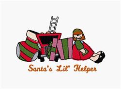Playful elf with brown hair in red and green costume lying near a bright red sled filled with colorful presents, perfect for