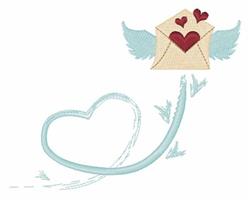 Applique envelope with wings featuring vibrant red hearts and a swirling line, perfect for Valentine's Day.