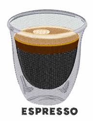 Realistic espresso cup filled with dark coffee and cream, showcasing a transparent design. Perfect for kitchen towels.