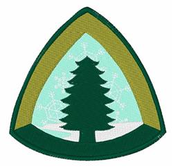 Evergreen tree with a dark green silhouette against a light blue winter background, framed by subtle goldish green edges.